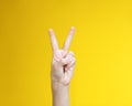 Human arm with victory gesture on yellow background.