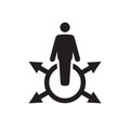 Human and arrows - black icon on white background. Business strategy direction concept sign design.