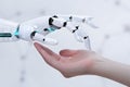 Human and Artificial intelligence Robot Hand Connection Interaction Royalty Free Stock Photo