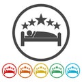 Human in bed, stars and moon icons set Royalty Free Stock Photo