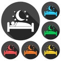 Human in bed, stars and moon icons set with long shadow Royalty Free Stock Photo