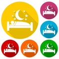 Human in bed, stars and moon icons set with long shadow Royalty Free Stock Photo