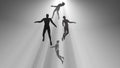 People floating in fog, rising into light beams , rays. 3d rendering illustration. View 3
