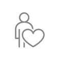 Human with big heart, self care line icon. Like, donation, charity symbol