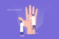 Human biometric microchipping. Scientists or specialists implanting a microchip inside of a huge hand. RFID Radio-frequency