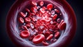 Human blood cells circulating through a blood vessel