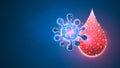Human Blood laboratory testing. Blood drop and virus cell concept. Microbiology, immunology. Abstract polygonal image on blue neon