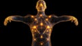 Human body anatomy with glowing atoms on black background