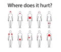 Human body female silhouette with pain sources. Where does it hurt. Red sign of pain. Mark of aching place. Medical vector