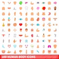 100 human body icons set, cartoon style