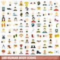 100 human body icons set, flat style