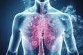 Human body with lungs in x-ray view, 3D rendering, A male lung cancer biopsy respiratory system in x-ray, AI Generated