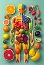 Human body made of fresh fruits and vegetables, healthy eating and dieting concept background. Generative AI