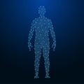 Human body made by points and lines, polygonal low poly wireframe mesh on night sky, dark blue background. Vector. Royalty Free Stock Photo