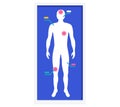 Human body with pain points highlighted on blue background. Acupuncture or physiotherapy medical concept vector