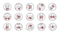 Human body pains in circle set. Arthritis and rheumatism, joint pain illustration. Ache in head, neck, shoulder, knee Royalty Free Stock Photo