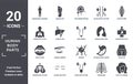 human.body.parts icon set. include creative elements as human body standing black, muscle fiber, woman dark long hair, neuron,