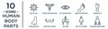 human.body.parts linear icon set. includes thin line big cellule, eye variant with enlarged pupil, human foot, mustache curled tip