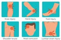 Human body parts physical injury flat set. Physical injuries poster with body parts and wounds . Painful body parts medical Royalty Free Stock Photo