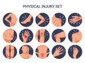 Human body physical injury round flat set with shoulder knee finger burn cut wounds isolated illustration Royalty Free Stock Photo