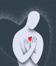 Human body protect heart in his chest vector illustration. Soul, humanity, love yourself concept in minimal simple flat style with Royalty Free Stock Photo