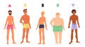 Human body shapes types. Male figures different proportions. Guys in underwear. Cartoon people appearance. Men in bikini Royalty Free Stock Photo