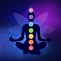 human body silhouette with chakras icons