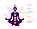 human body silhouette with chakras icons with titles Royalty Free Stock Photo