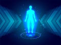 Human body structure between digital emerging rays on blue sci-fi background for Medical biotechnology innovation concept.