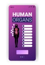 human body structure infographic poster with female internal organs icons anatomy system board smartphone screen mobile Royalty Free Stock Photo