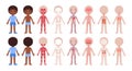 Human Body Systems and Cute Afro Black Boy. Muscular, Skeletal, Circulatory, Nervous, Digestive, Respiratory. Front Back View.