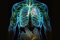 Human body with transparency, featuring bioluminescent lines that highlight the organs, particularly the lungs and upper torso. Ai
