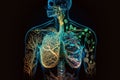 Human body with transparency, featuring bioluminescent lines that highlight the organs, particularly the lungs and upper torso. Ai