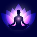 Human body in yoga lotus asana on neon purple lotus petals and dark blue space with stars background. Vector illustration eps10