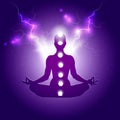 Human body in yoga lotus asana and seven chakras symbols on dark blue purple starry background with light or lightning