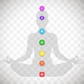 Human body in yoga lotus asana and seven colorful chakras symbols isolated on transparent background. Object for design