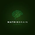 Human brain, abstract logo digital microcircuit with green lines and dots, matrix brain, vector illustration on black