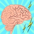 The human brain is actively working. Pop art background. Imitation of comics style. Vector