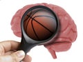 Human Brain Analyzed with magnifying glass basketball ball inside addiction isolated