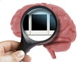 Human Brain Analyzed with magnifying memories polaroid snapshots inside isolated Royalty Free Stock Photo
