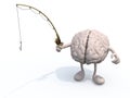 Human brain with arms and legs and fishing pole on hand