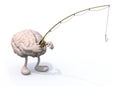 Human brain with arms and legs and fishing pole on hand