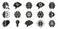 Human Brain Black Silhouette Icon Set, AI Concept. Brainstorm, Artificial Intelligence, Stress, Human Mind Solid Symbol