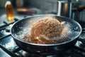 human brain is boiled in a pot of boiling water on a gas stove in kitchen with steam Royalty Free Stock Photo