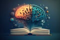 Human brain on a book, concept of success in the education, books and knowledge, science, culture, imagination. Generative AI