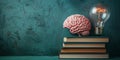 Human brain with books and light bulb, education and science concept, learning new skill, have wisdom and knowledge Royalty Free Stock Photo