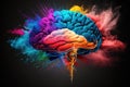 Human brain, bright colorful powder explosion. Generative AI