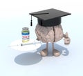 Human brain cartoon with a graduate hat, covid vaccine