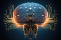 Human brain with circuit board on blue background. Artificial intelligence concept. 3D Rendering, A human brain merged with Royalty Free Stock Photo