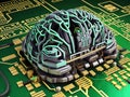 Human Brain with the circuit board. 3D hyper detailed Render. Mind technology. Generative AI.